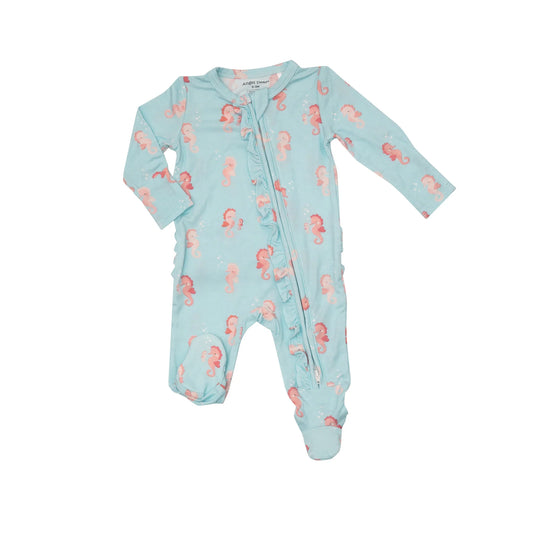 2 Way Ruffle Back Zipper Footie in Baby Pink Seahorses  - Doodlebug's Children's Boutique
