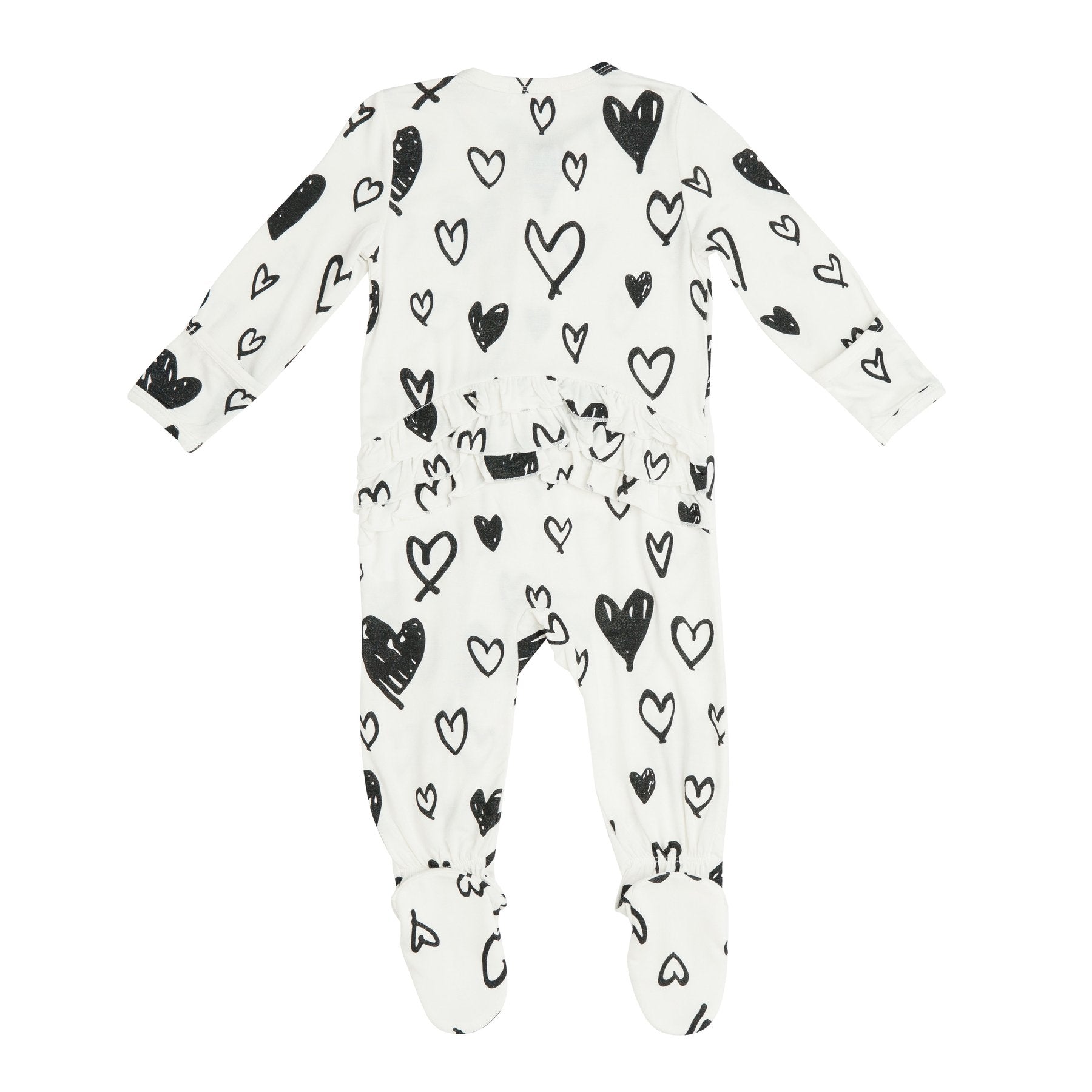 Ruffle Back Zipper Footie in Black and White Hearts  - Doodlebug's Children's Boutique