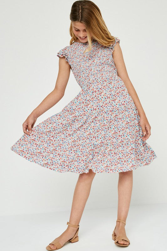 Ditsy Floral Smocked Bodice Midi Dress  - Doodlebug's Children's Boutique