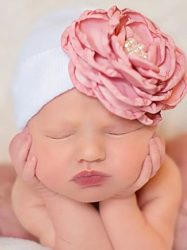 Silk Flower with Pearls Newborn Hospital Hat  - Doodlebug's Children's Boutique