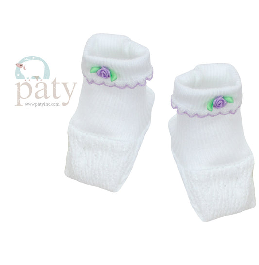 White Booties with Lavender Rosette  - Doodlebug's Children's Boutique