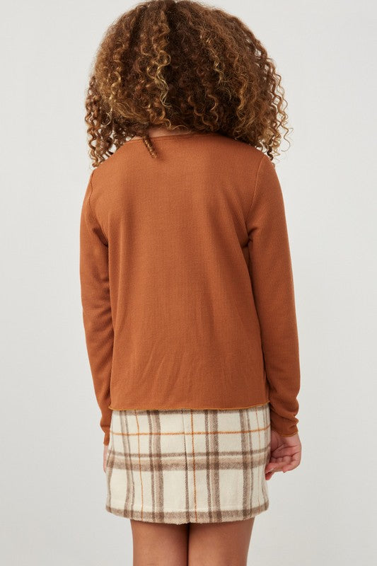 Ruffle Front Ribbed Top in Brown  - Doodlebug's Children's Boutique