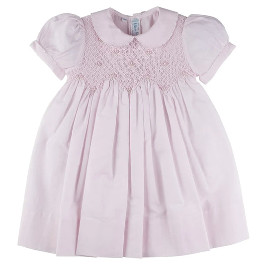Scalloped Pearl Smocked Dress in Pink  - Doodlebug's Children's Boutique