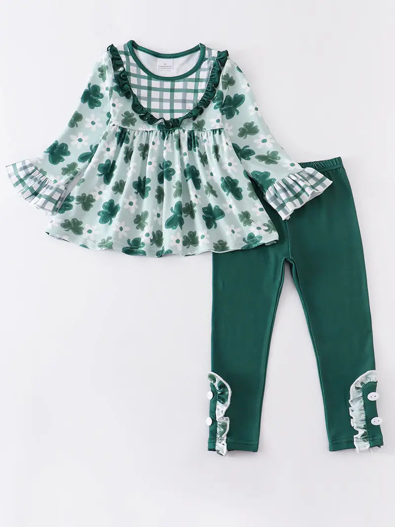 Green Plaid Clover Ruffle Pants Set  - Doodlebug's Children's Boutique