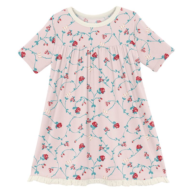 Print Classic Short Sleeve Swing Dress in Macaroon Floral Vines  - Doodlebug's Children's Boutique