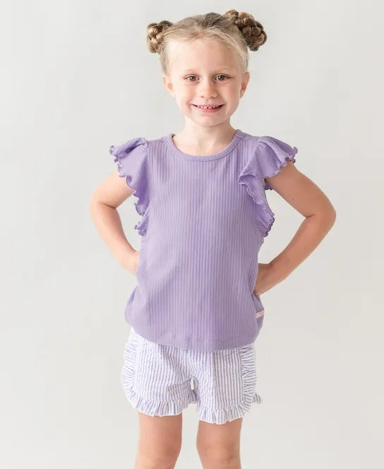 Kids Ruffle Trim Woven Shorts in Lavender Seersucker  - Doodlebug's Children's Boutique