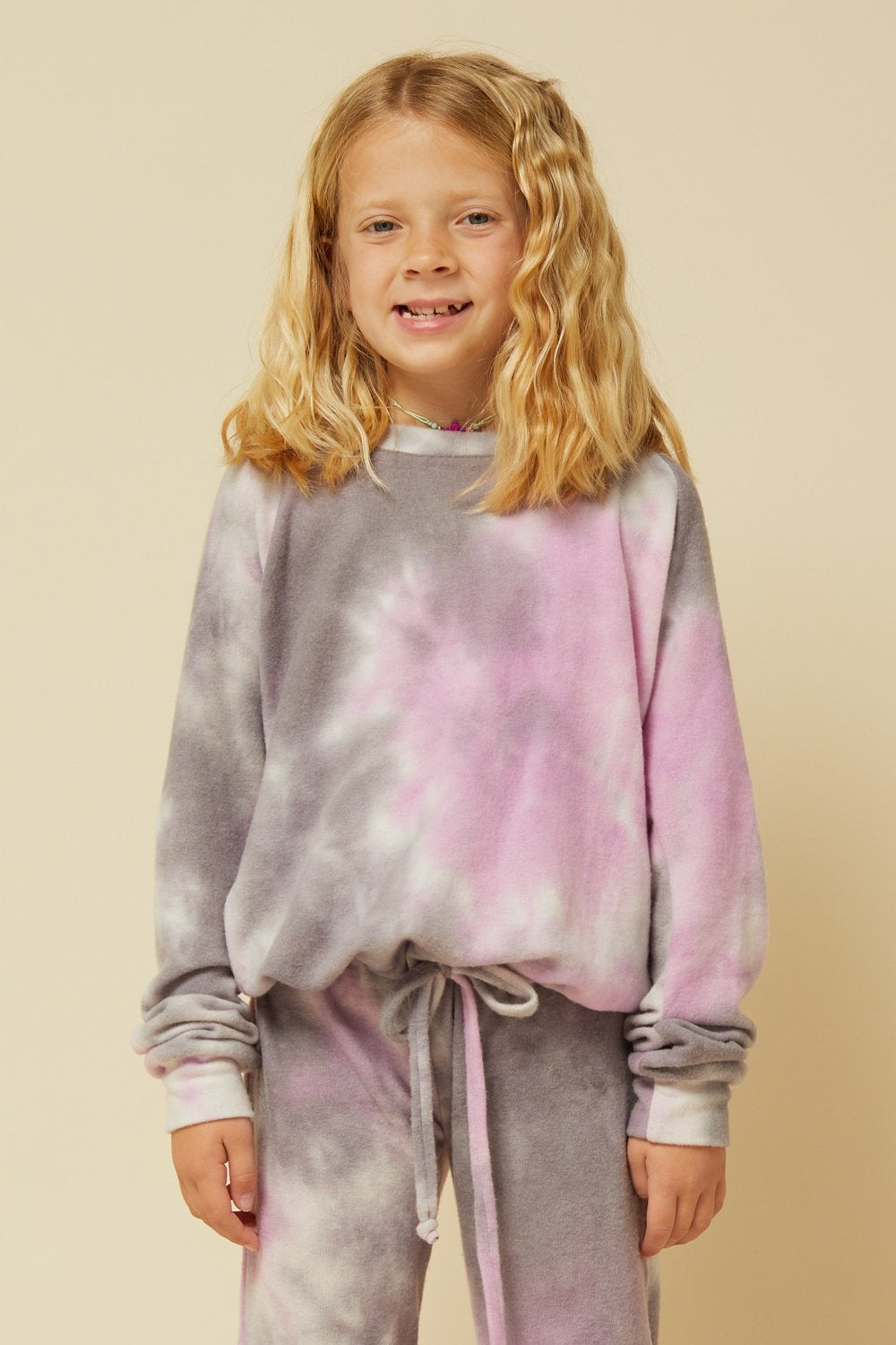 Purple and Grey Tie Dye Tie Waist Crewneck  - Doodlebug's Children's Boutique