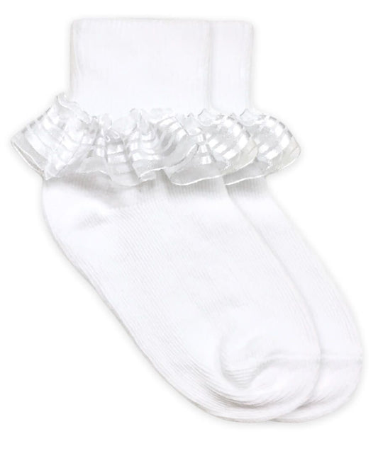 Stripe Lace Turn Cuff Socks in White  - Doodlebug's Children's Boutique