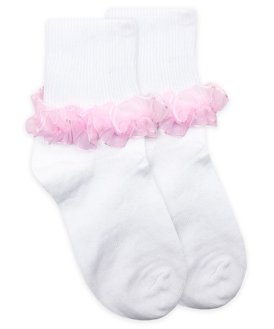 Tutu Ruffle Lace Turn Cuff Socks in White and Pink  - Doodlebug's Children's Boutique