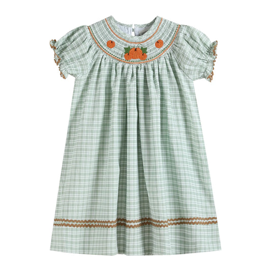 Sage Green Plaid Pumpkin Smocked Bishop Dress  - Doodlebug's Children's Boutique