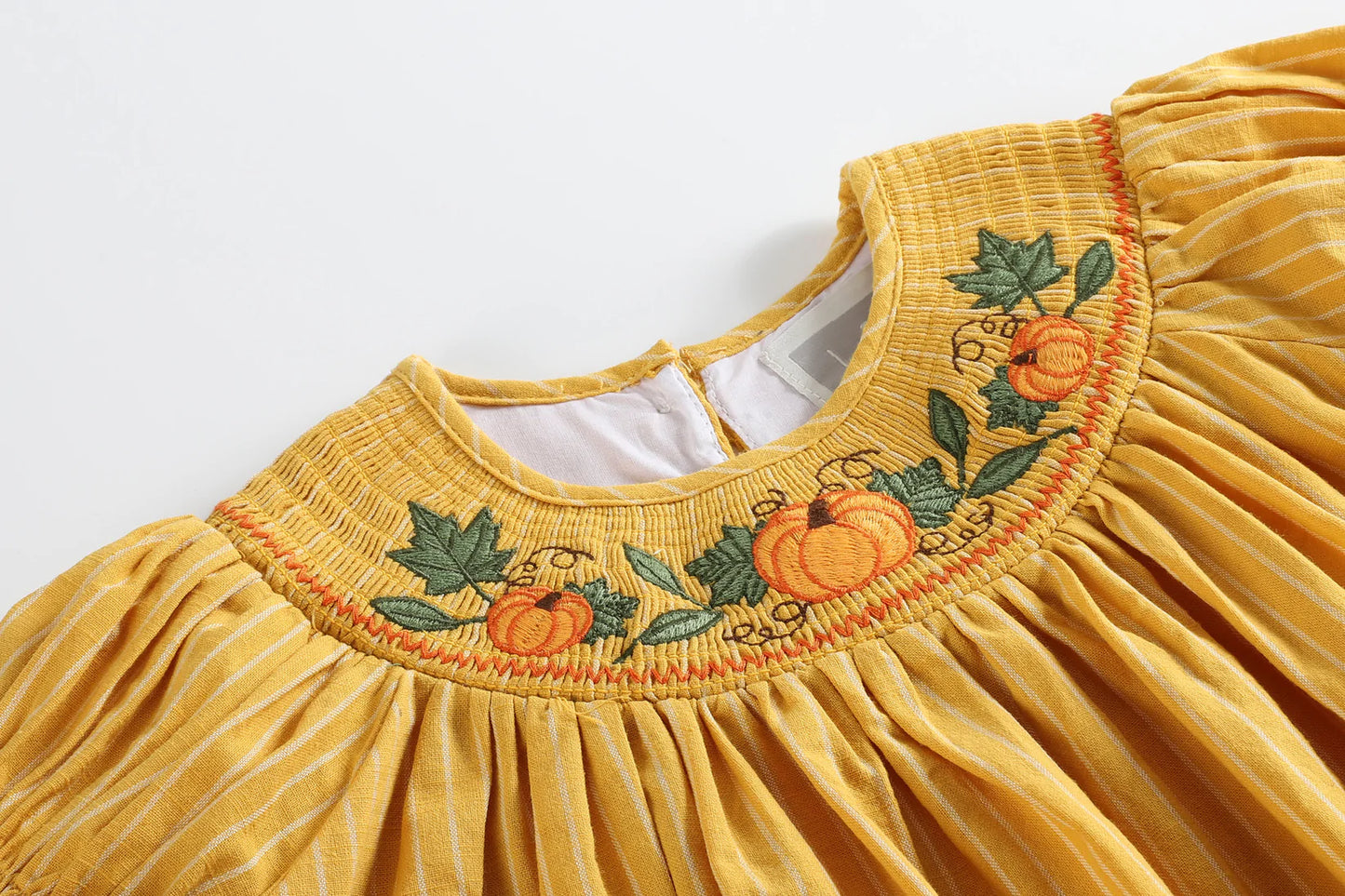 Mustard Pinstripe Fall Pumpkin Smocked Bishop Dress  - Doodlebug's Children's Boutique