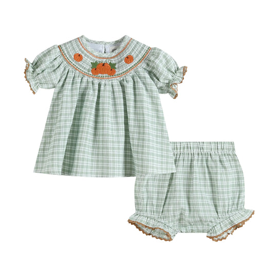 Sage Green Plaid Pumpkin Smocked Top and Bloomer Set  - Doodlebug's Children's Boutique