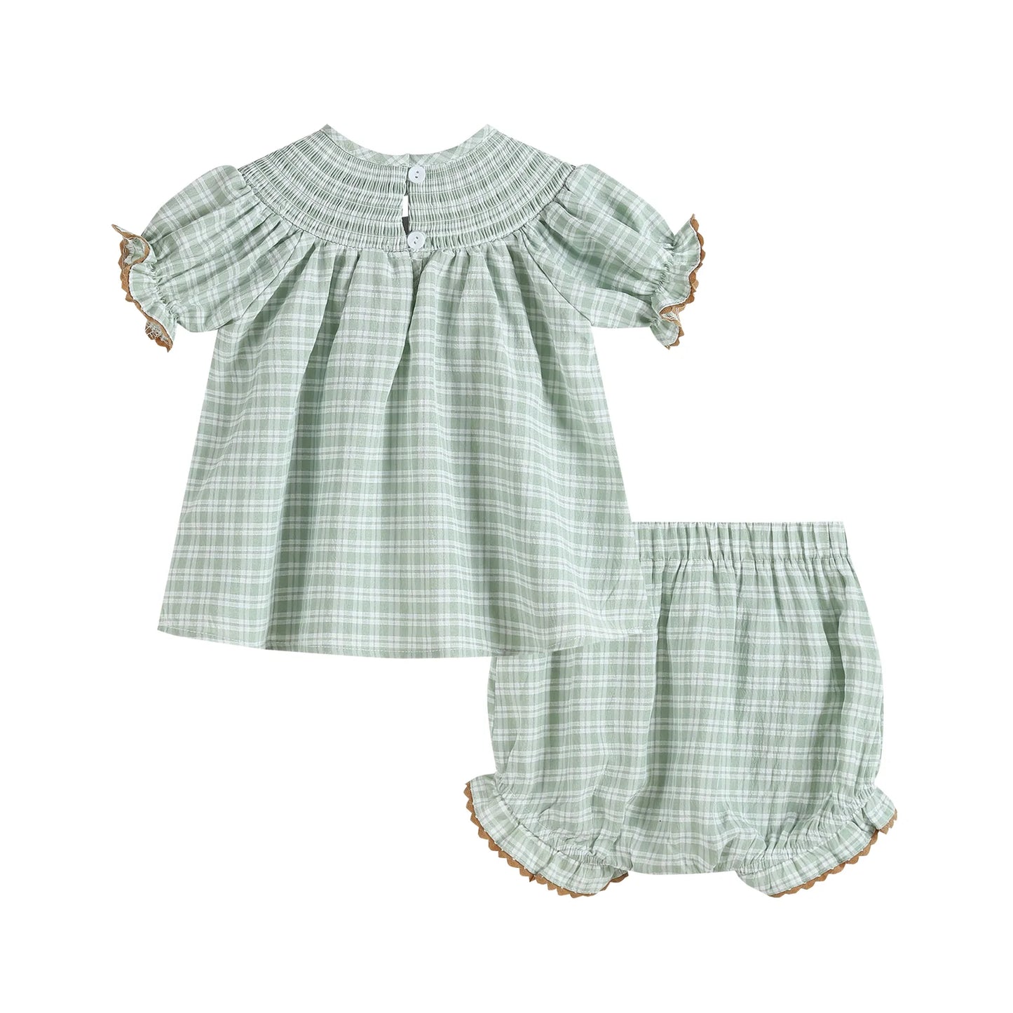 Sage Green Plaid Pumpkin Smocked Top and Bloomer Set  - Doodlebug's Children's Boutique