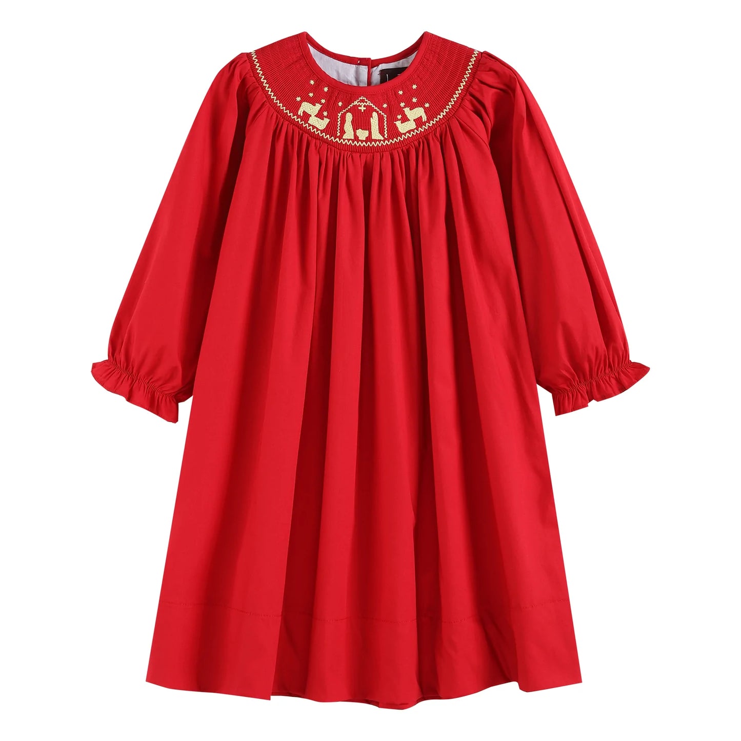 Red and Gold Nativity Smocked Long Sleeve Bishop Dress  - Doodlebug's Children's Boutique