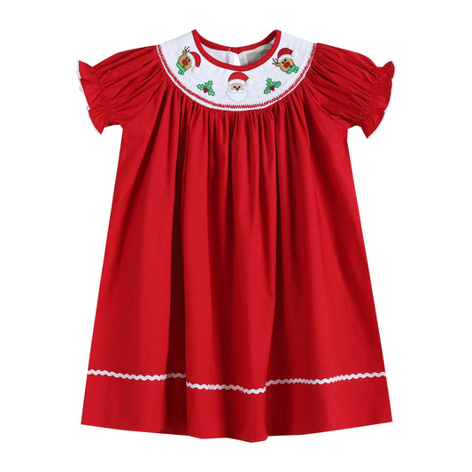 Red Santa and Reindeer Smocked Bishop Dress  - Doodlebug's Children's Boutique