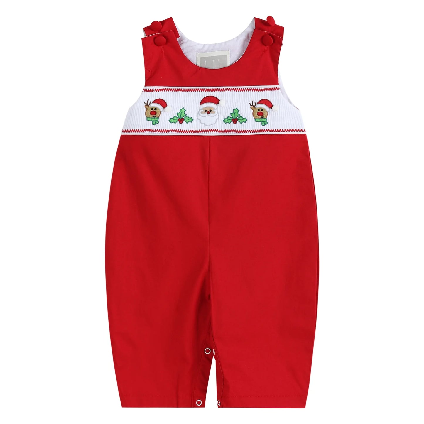 Red Santa and Reindeer Smocked Overalls  - Doodlebug's Children's Boutique