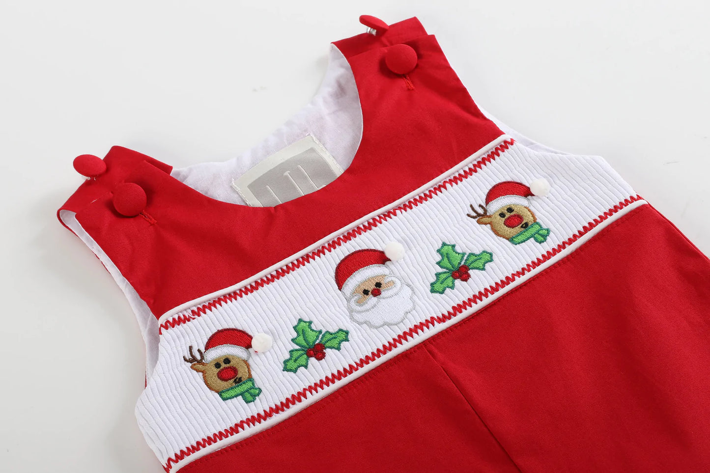 Red Santa and Reindeer Smocked Overalls  - Doodlebug's Children's Boutique