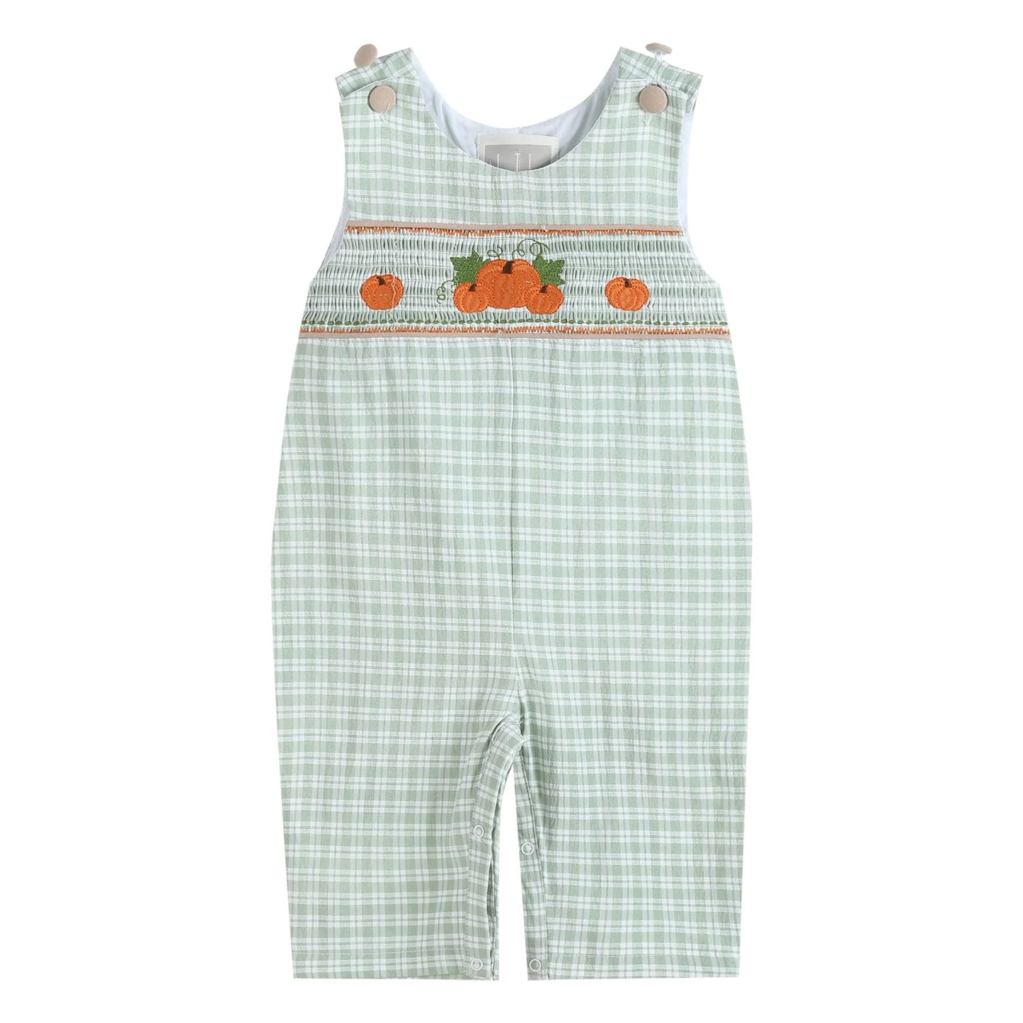 Sage Green Plaid Pumpkin Smocked Overalls  - Doodlebug's Children's Boutique