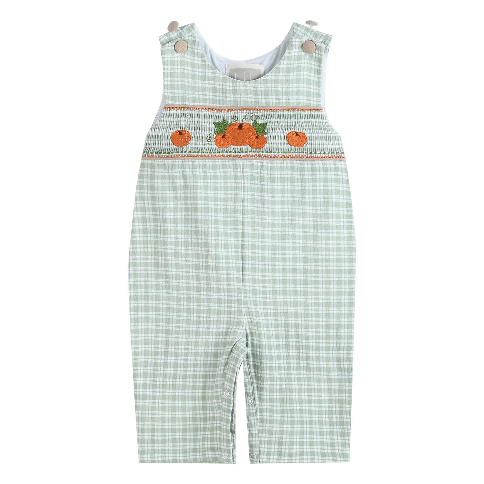 Sage Green Plaid Pumpkin Smocked Overalls  - Doodlebug's Children's Boutique