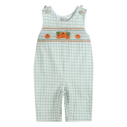 Sage Green Plaid Pumpkin Smocked Overalls  - Doodlebug's Children's Boutique