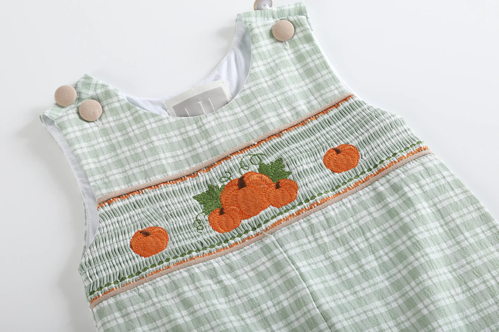 Sage Green Plaid Pumpkin Smocked Overalls  - Doodlebug's Children's Boutique