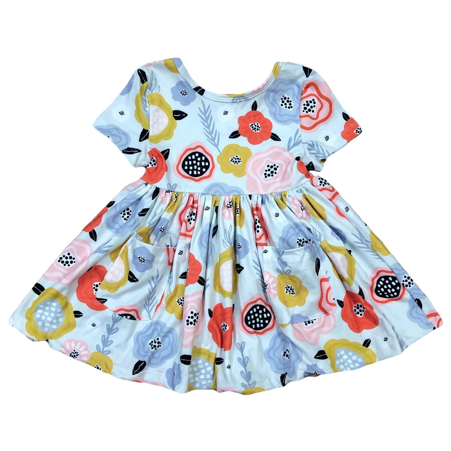 Sky Blue Retro Floral Short Sleeve Pocket Dress  - Doodlebug's Children's Boutique