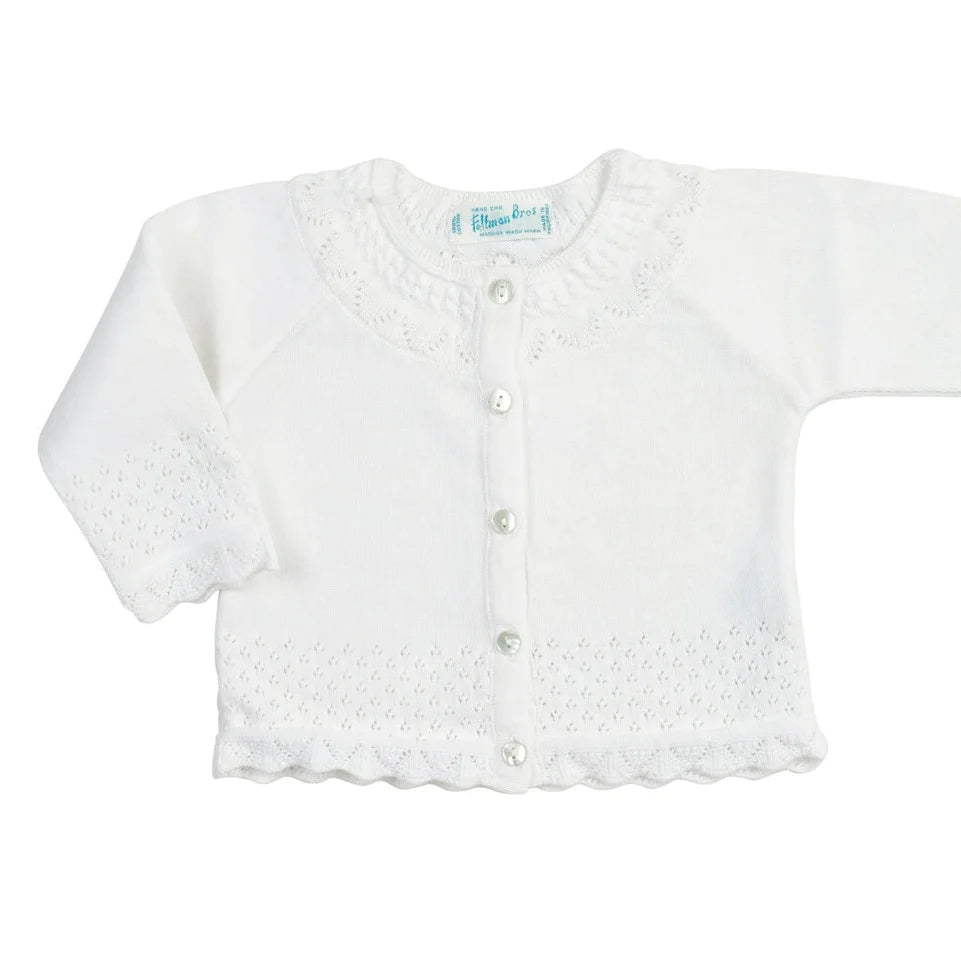 Pointelle Ruffle Knit Cardigan in White  - Doodlebug's Children's Boutique