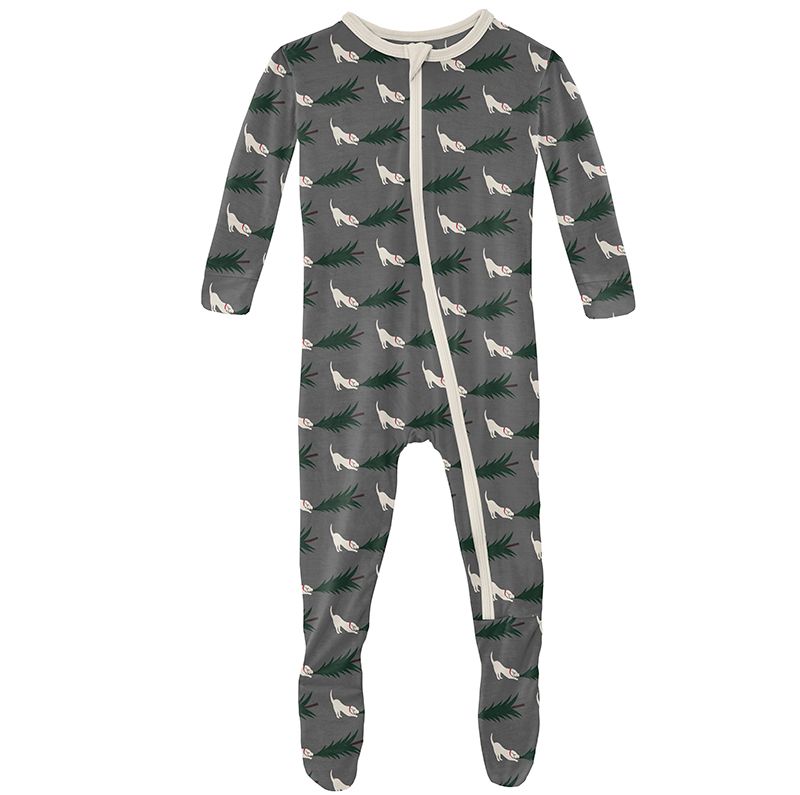 Print Footie with Zipper in Pewter Christmas Tree Drag  - Doodlebug's Children's Boutique