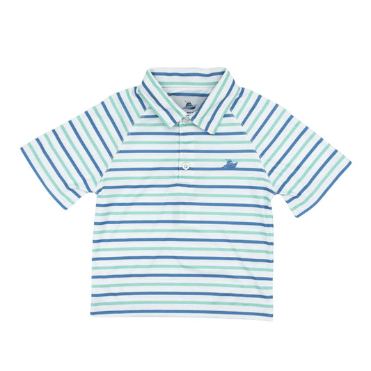 Performance Polo in Green and Blue Stripe  - Doodlebug's Children's Boutique