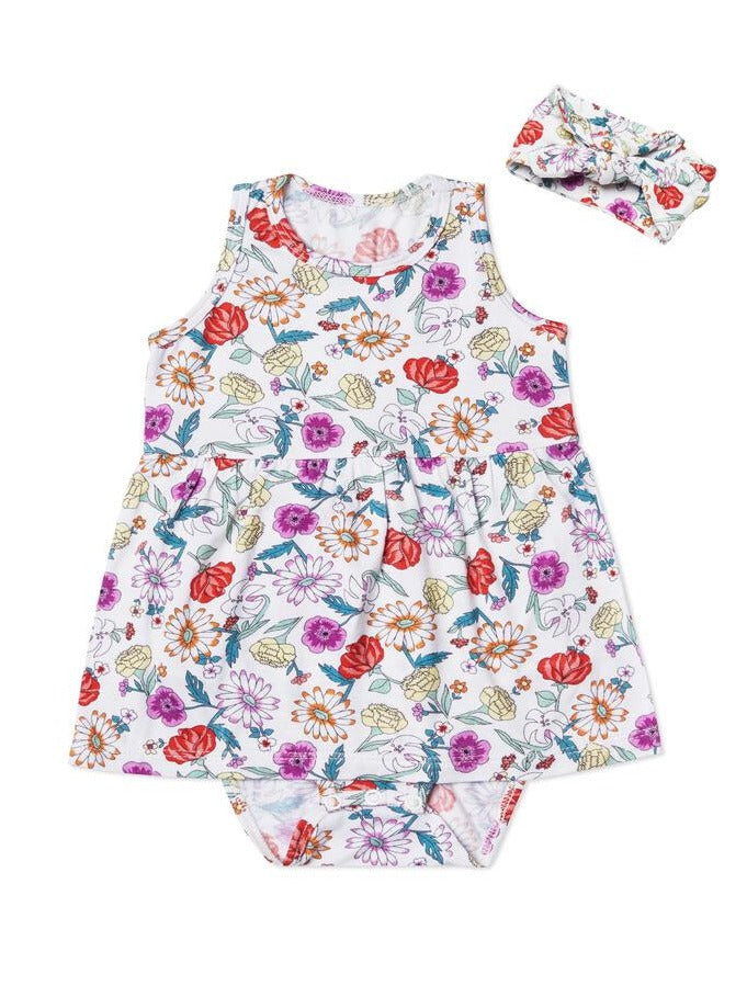 Skirted Bodysuit and Headband in Zinnia  - Doodlebug's Children's Boutique