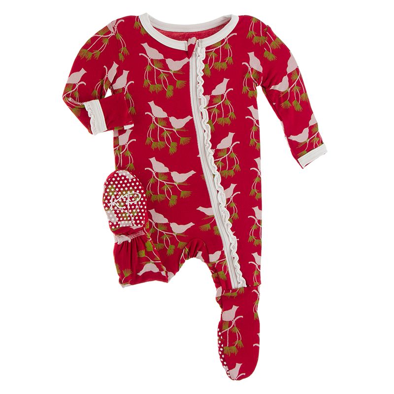 Print Muffin Ruffle Footie with Zipper in Crimson Kissing Birds  - Doodlebug's Children's Boutique