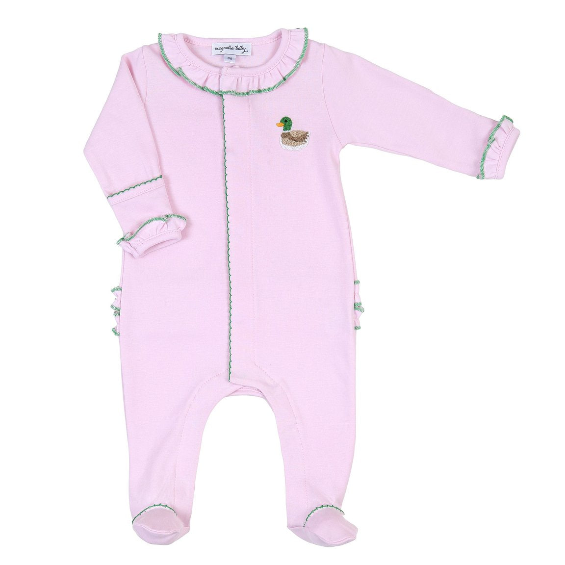 Tiny Mallard Pink Embroidered Ruffle Footie  - Doodlebug's Children's Boutique