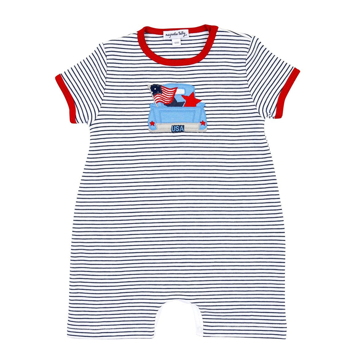 Stars and Stripes Applique Blue Short Playsuit  - Doodlebug's Children's Boutique
