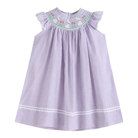 Purple Seersucker Easter Bunny Smocked Bishop Dress  - Doodlebug's Children's Boutique