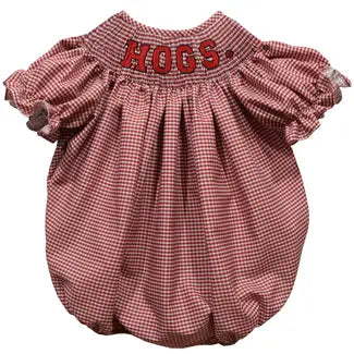 Hogs Smocked Red Gingham Short Sleeve Girl Bubble  - Doodlebug's Children's Boutique