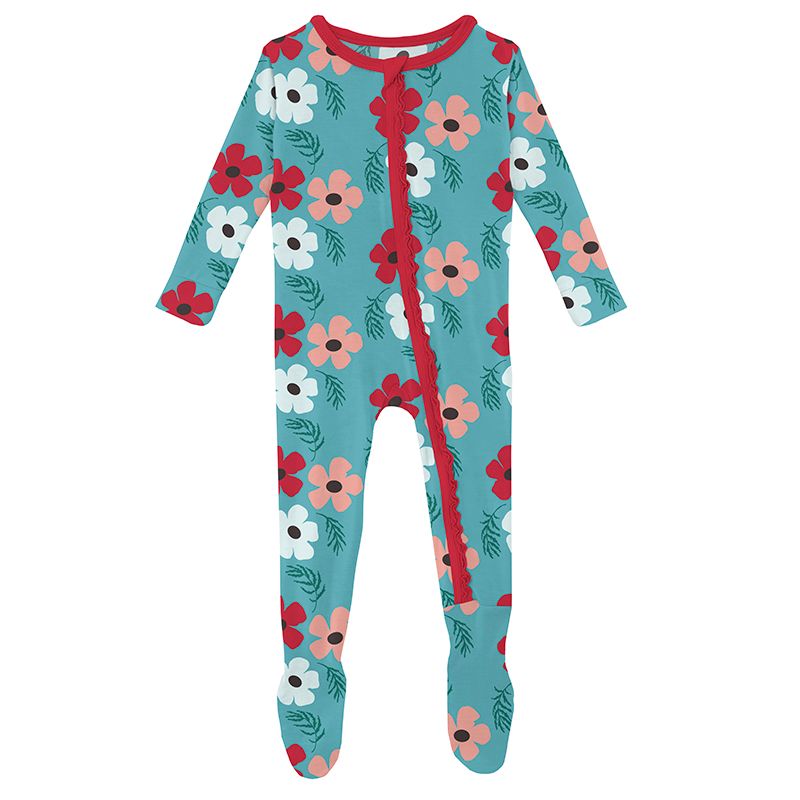 Print Muffin Ruffle Footie with Zipper in Glacier Wildflowers  - Doodlebug's Children's Boutique
