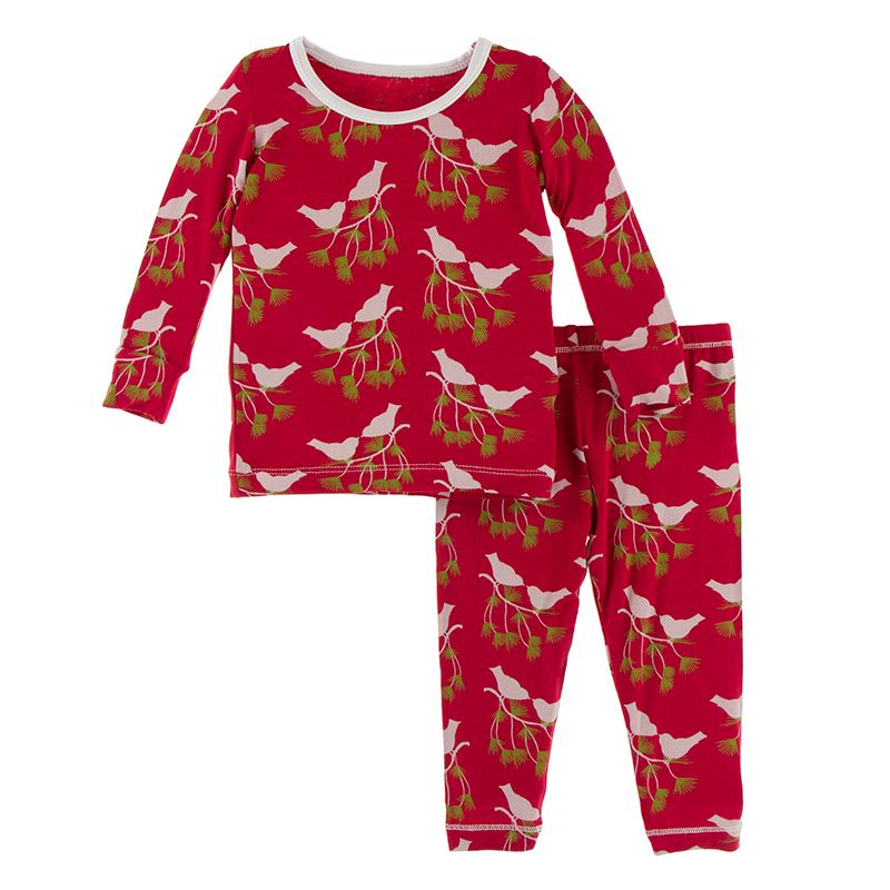 Print Long Sleeve Pajama Set in Crimson Kissing Birds  - Doodlebug's Children's Boutique
