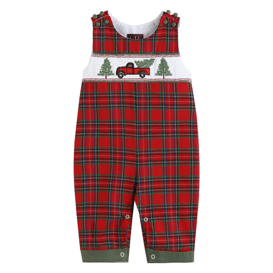 Red Plaid Truck and Tree Smocked Overalls  - Doodlebug's Children's Boutique