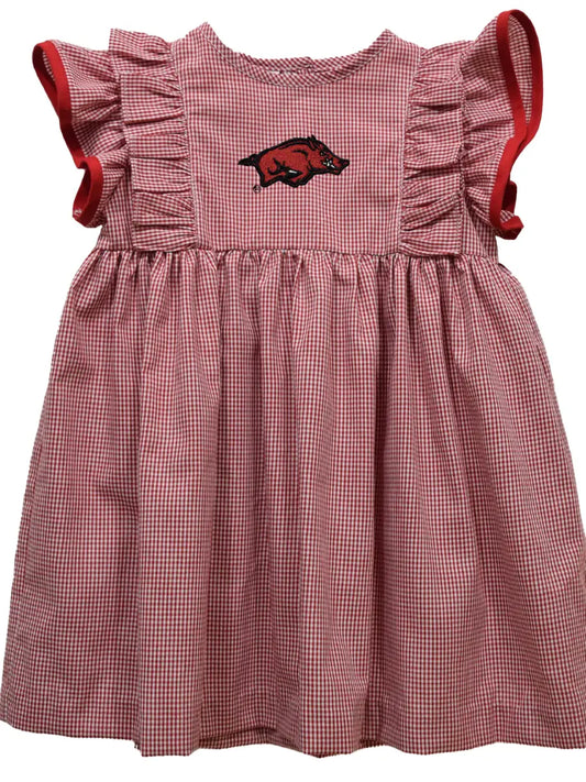 Arkansas Razorbacks Embroidered Gingham Ruffle Dress  - Doodlebug's Children's Boutique