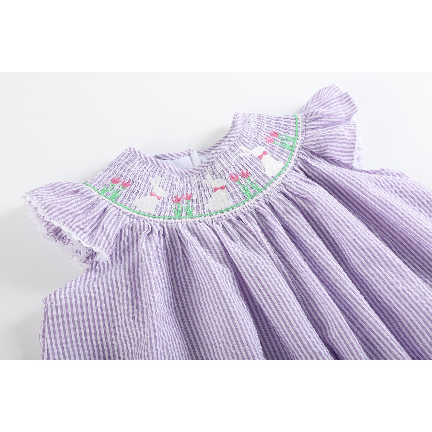 Purple Seersucker Easter Bunny Smocked Bishop Dress  - Doodlebug's Children's Boutique