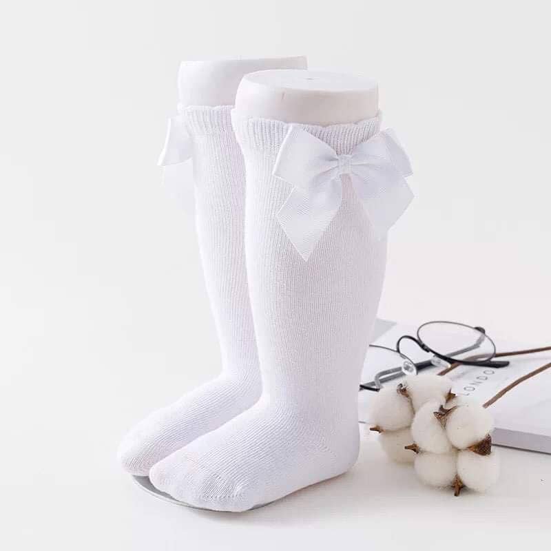 Knee High Bow Socks in White  - Doodlebug's Children's Boutique