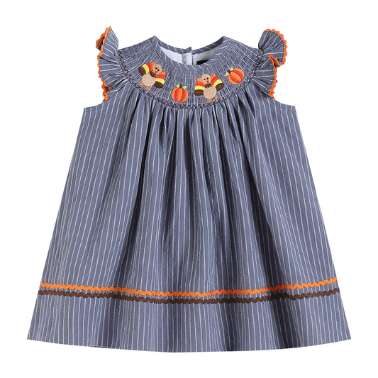 Blue Smocked Thanksgiving Dress  - Doodlebug's Children's Boutique