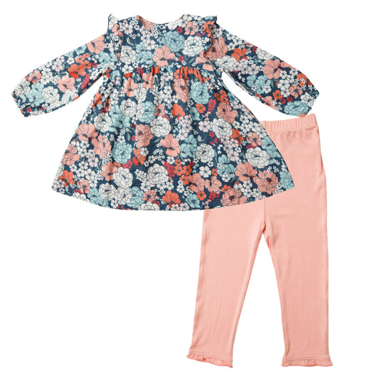 Ruffle Shoulder Dress with Leggings in Garden Club  - Doodlebug's Children's Boutique