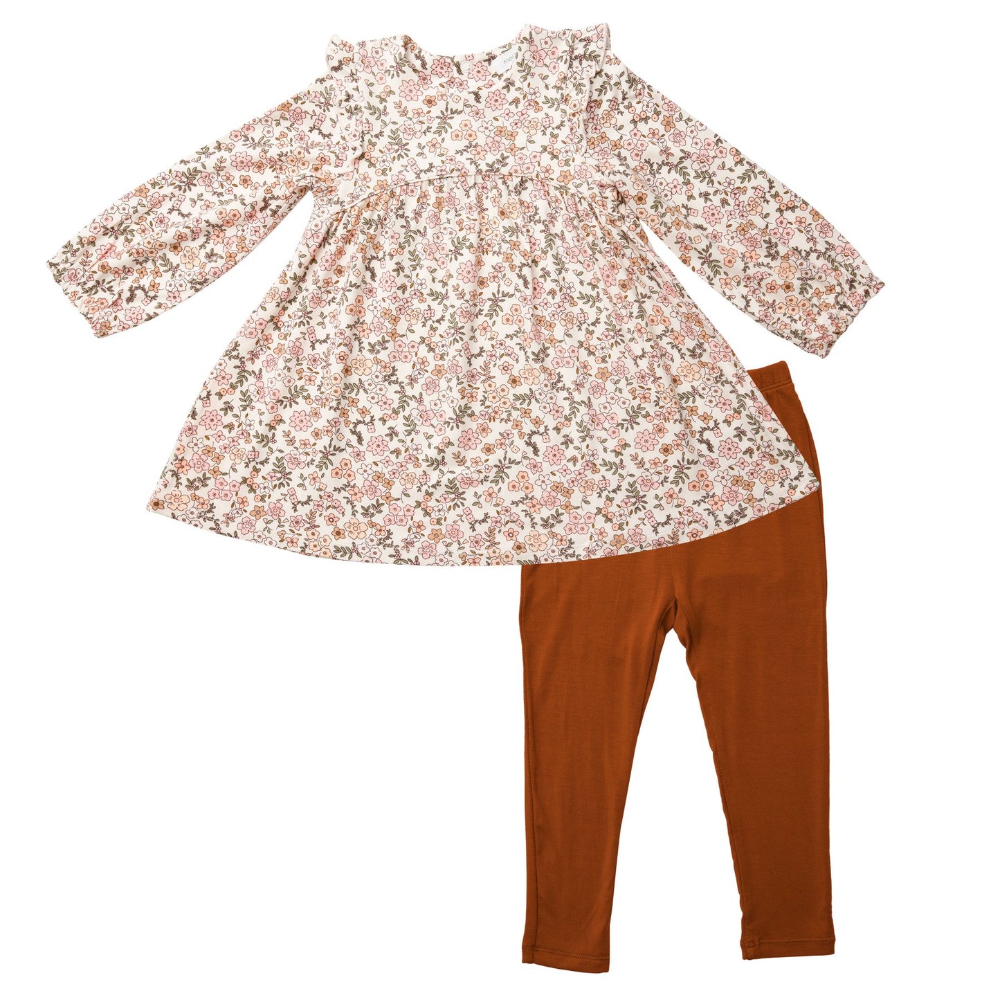 Ruffle Shoulder Dress with Leggings in Vintage Calico  - Doodlebug's Children's Boutique