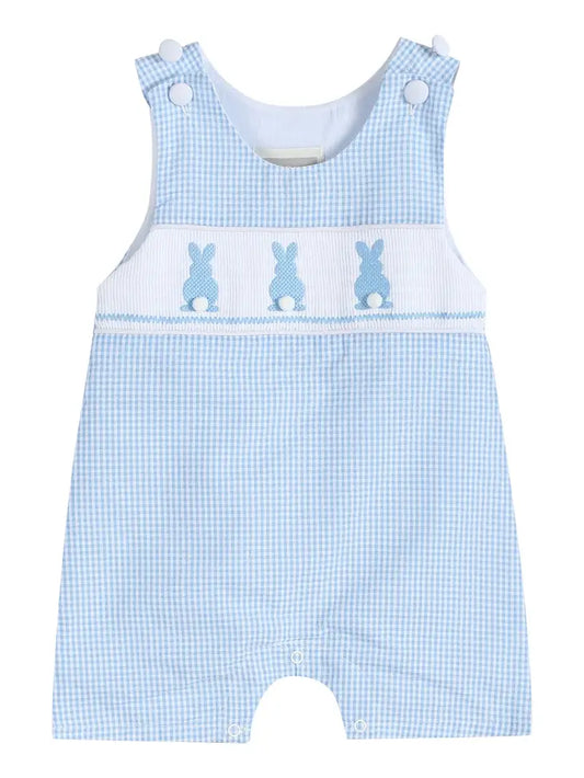 Blue Gingham Easter Bunny Smocked Shortall  - Doodlebug's Children's Boutique