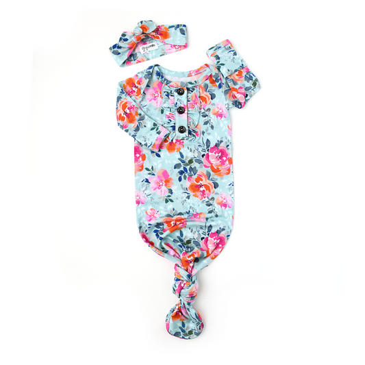 Molly Knotted Ruffle Button Gown and Headband  - Doodlebug's Children's Boutique