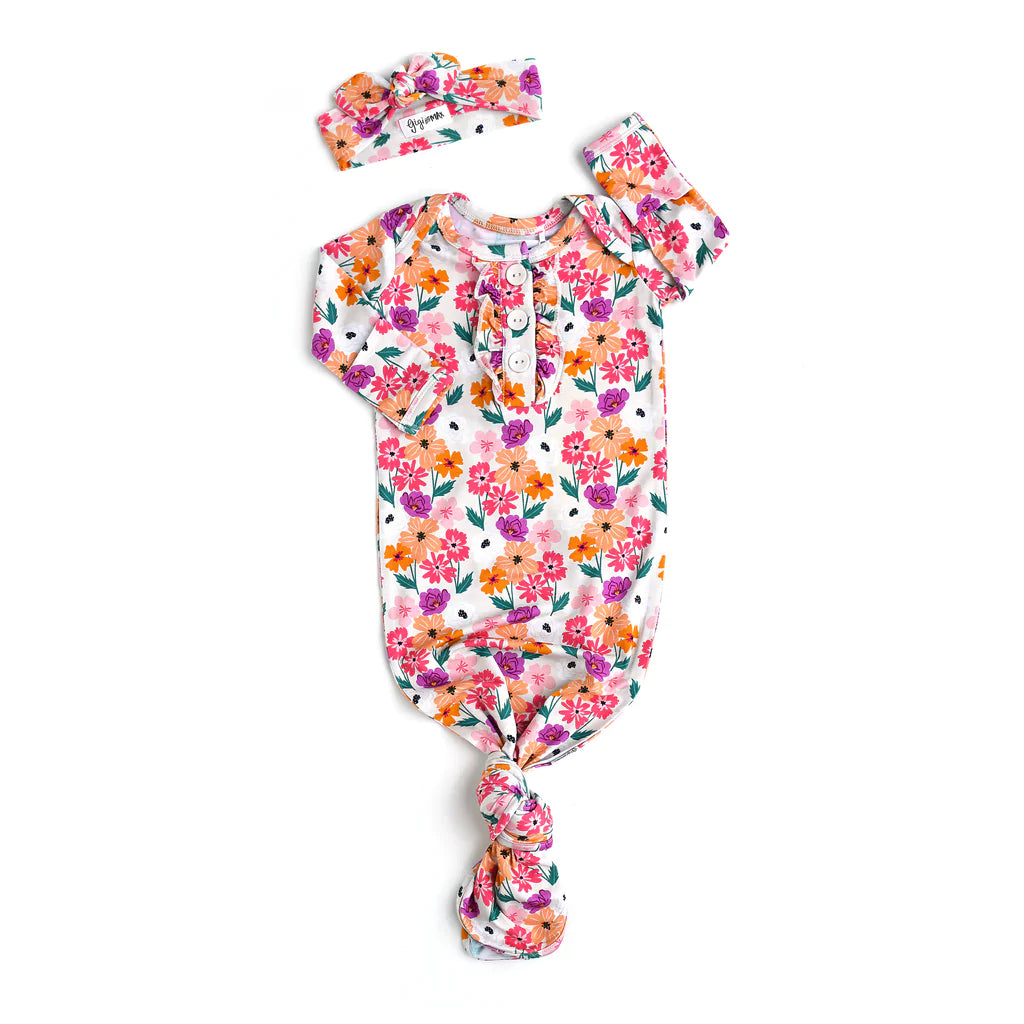 Gemma Knotted Ruffle Button Gown and Headband  - Doodlebug's Children's Boutique