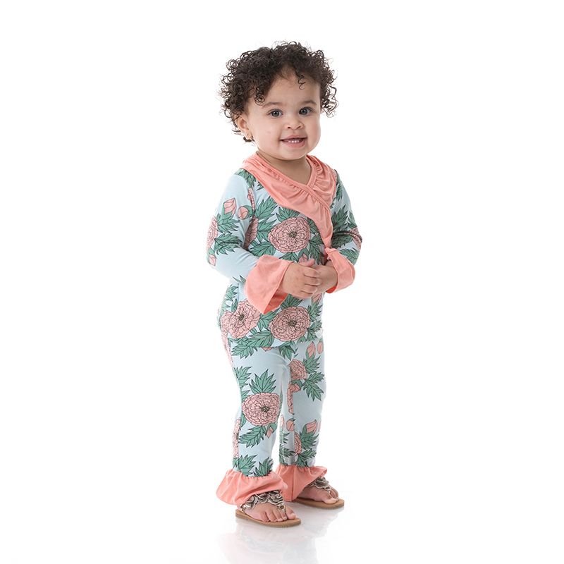 Print Long Sleeve Kimono Double Ruffle Outfit Set in Spring Sky Floral  - Doodlebug's Children's Boutique