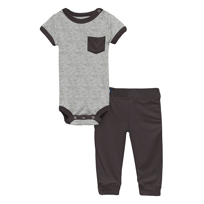 Short Sleeve Pocket One Piece & Pants Outfit Set in Heathered Mist with Midnight  - Doodlebug's Children's Boutique