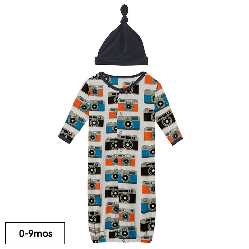 Print Layette Gown Converter and Knot Hat Set in Moms Camera  - Doodlebug's Children's Boutique